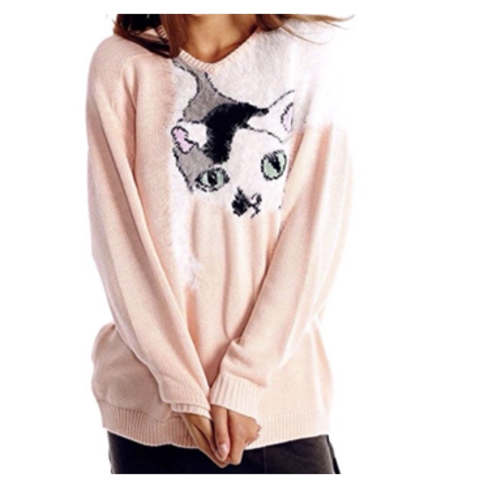 WILDFOX Cat Sweater XS Peach With Cow Kitty Graphic Kawaii Cats  *minor Flaws